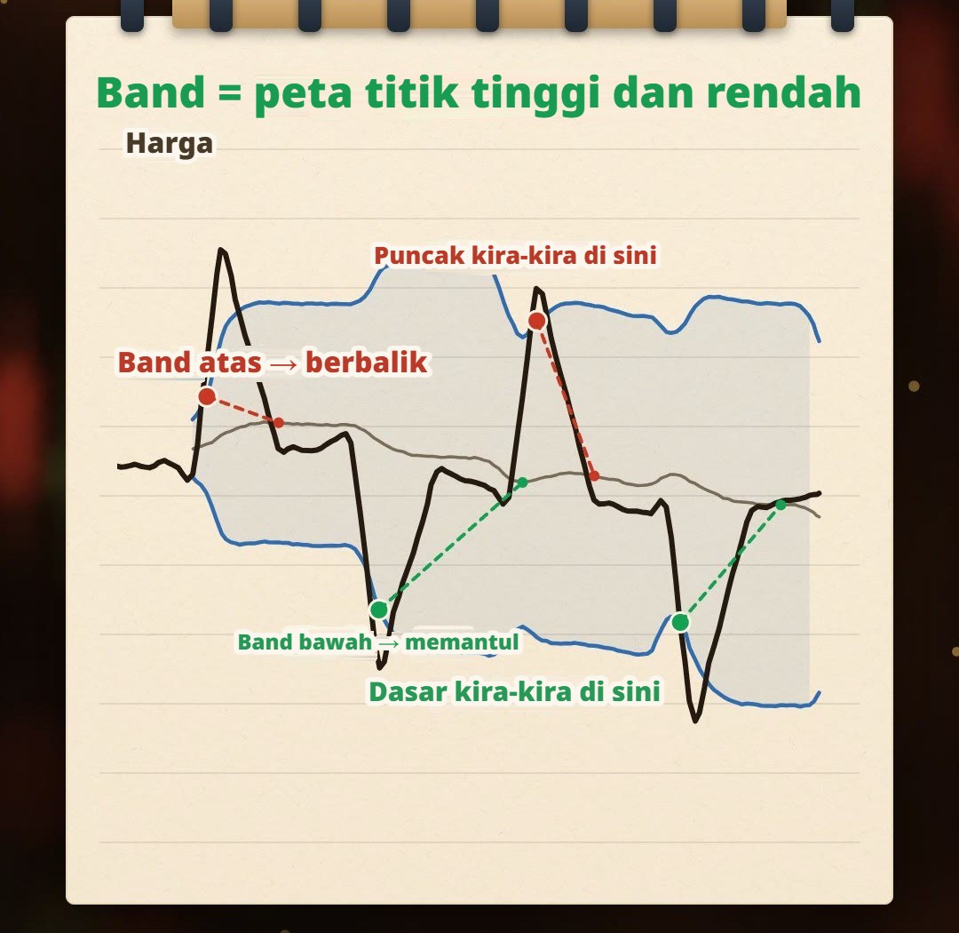 Ilustrasi tangan di buku catatan: di pasar sideways, band tengah kurang lebih mendatar, harga berbalik saat menyentuh band atas dan memantul saat menyentuh band bawah, band seperti peta yang menandai titik tertinggi dan terendah periode ini