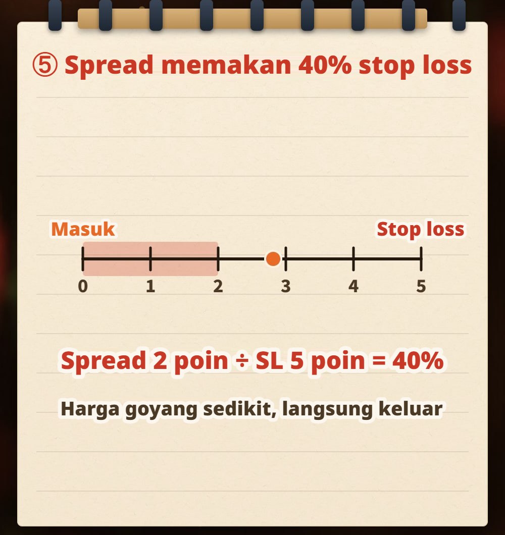 Sketsa tangan di buku catatan: penggaris dari 0 sampai 5 poin, ujung kiri adalah titik masuk dan ujung kanan adalah stop loss, 2 poin pertama diarsir sebagai spread; di bawahnya tertulis “spread 2 poin ÷ stop loss 5 poin = 40%” dan “harga bergoyang sedikit, langsung keluar”