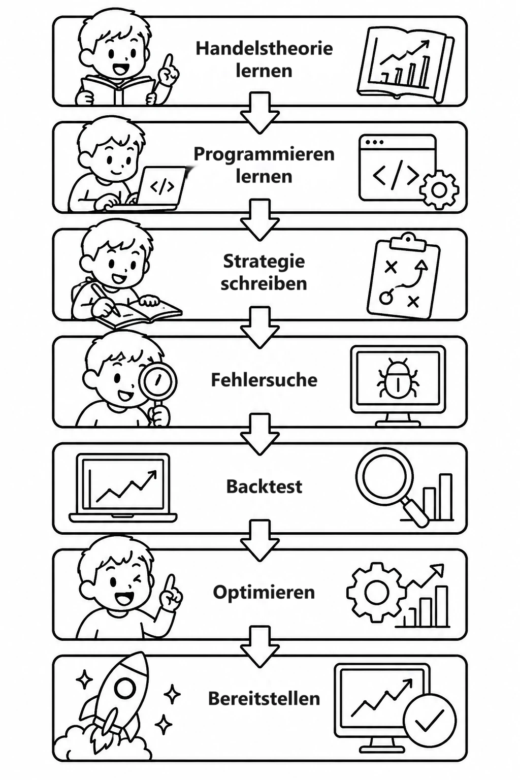 Strichzeichnung eines Ablaufs von oben nach unten in sieben Schritten: „Handelstheorie lernen“, „Programmieren lernen“, „Strategie schreiben“, „Fehlersuche“, „Backtest“, „Optimieren“ und „Bereitstellen“