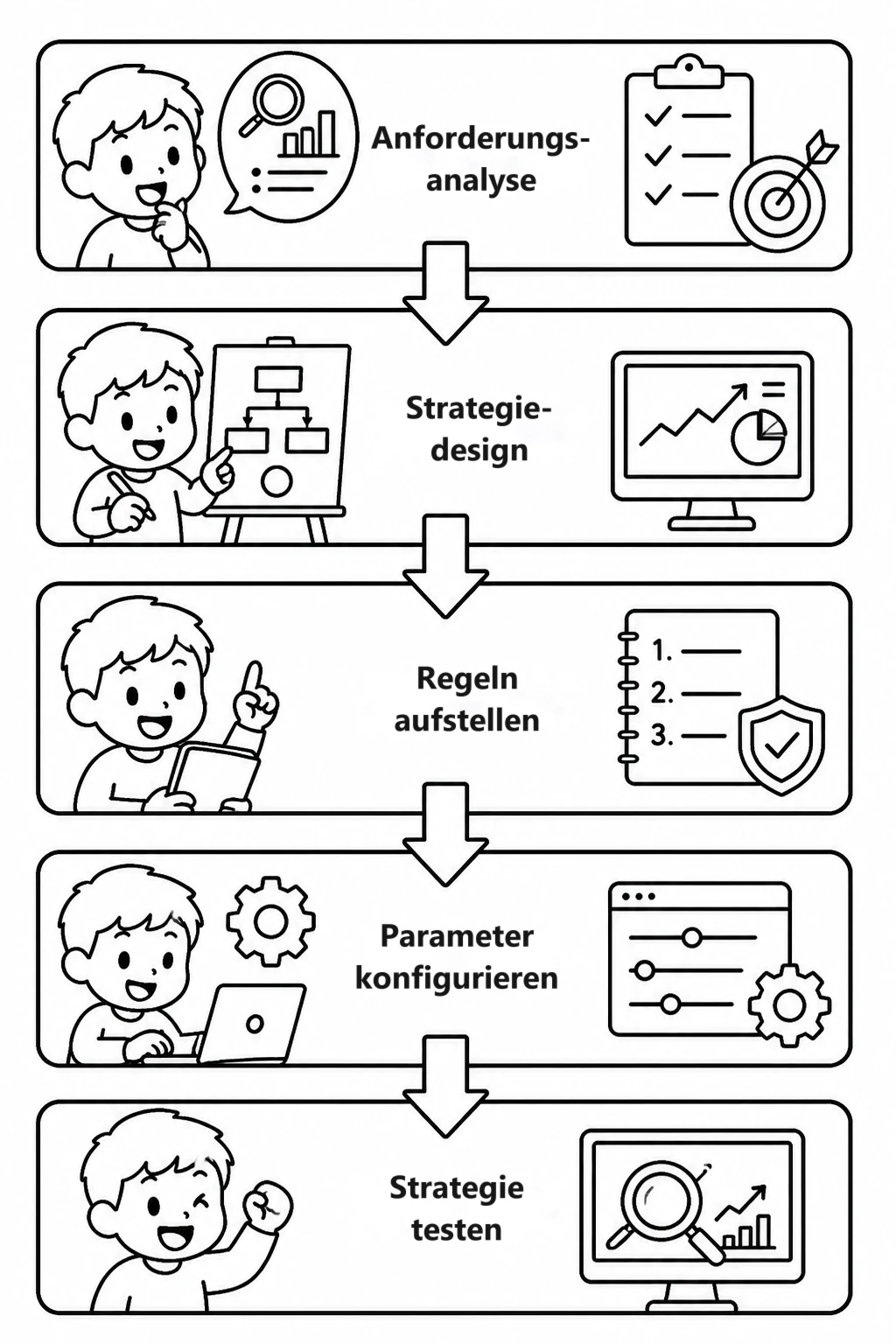 Strichzeichnung eines Ablaufs von oben nach unten in fünf Schritten: „Anforderungsanalyse“, „Strategiedesign“, „Regelaufbau“, „Parameterkonfiguration“ und „Strategietest“