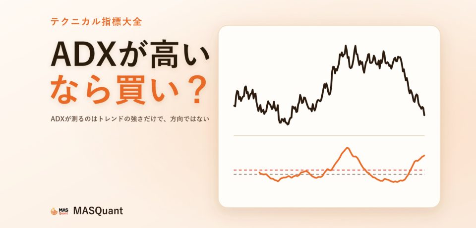 ADX指標とは?ADXが高ければ買うべき?測るのは強さだけで、方向は測らない 記事のカバー画像:ユーロ/ドル2017〜2018年のチャートと下にADXを描いた簡略図、タイトル「ADXが高いなら買い?」