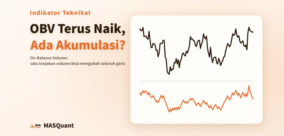 Sampul artikel: grafik sederhana EUR/USD tahun 2024 dengan batang volume dan garis OBV, berjudul "OBV Terus Naik, Ada Akumulasi?"