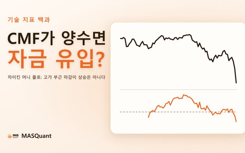 기사 표지: S&P 500 2025년 초 차트와 아래쪽 CMF 선을 단순화한 그림, 제목 'CMF가 양수면 자금 유입?' 기사 표지: S&P 500 2025년 초 차트와 아래쪽 CMF 선을 단순화한 그림, 제목 'CMF가 양수면 자금 유입?'