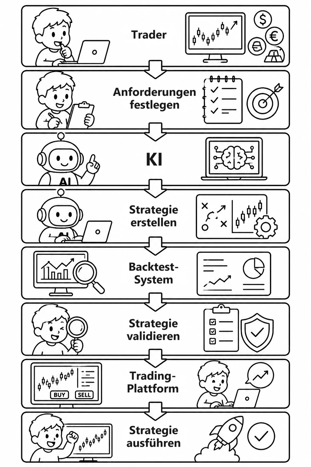 Strichzeichnung eines Ablaufs von oben nach unten in acht Stufen: „Trader“, „Anforderungen definieren“, „KI“, „Strategie erstellen“, „Backtest-System“, „Strategie validieren“, „Trading-Plattform“ und „Strategie ausführen“