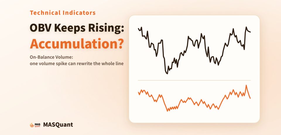 Article cover: a simplified chart of EUR/USD in 2024 with volume bars and the OBV line, titled "OBV Keeps Rising: Accumulation?"
