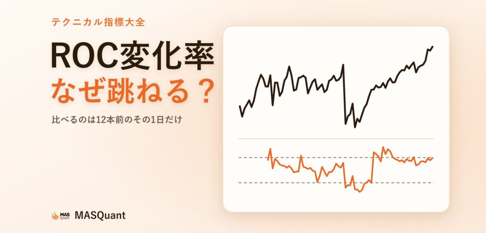 記事のカバー画像:ドル/円2026年のチャートと下にROCを描いた簡略図、タイトル「ROC変化率 なぜ跳ねる?」 記事のカバー画像:ドル/円2026年のチャートと下にROCを描いた簡略図、タイトル「ROC変化率 なぜ跳ねる?」
