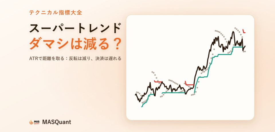 スーパートレンドとは?ATRで距離を取るから反転は減る、でも決済は遅れる 記事のカバー画像:ゴールド2023〜2024年のチャートとスーパートレンドのラインを描いた簡略図、タイトル「スーパートレンド ダマシは減る?」