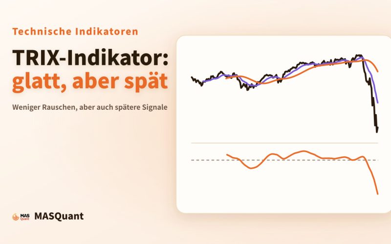 Titelbild des Artikels: vereinfachter Chart des Deutschland 40 von 2019–2020 mit der TRIX-Linie darunter, Titel „TRIX-Indikator: glatt, aber spät“ Titelbild des Artikels: vereinfachter Chart des Deutschland 40 von 2019–2020 mit der TRIX-Linie darunter, Titel „TRIX-Indikator: glatt, aber spät“