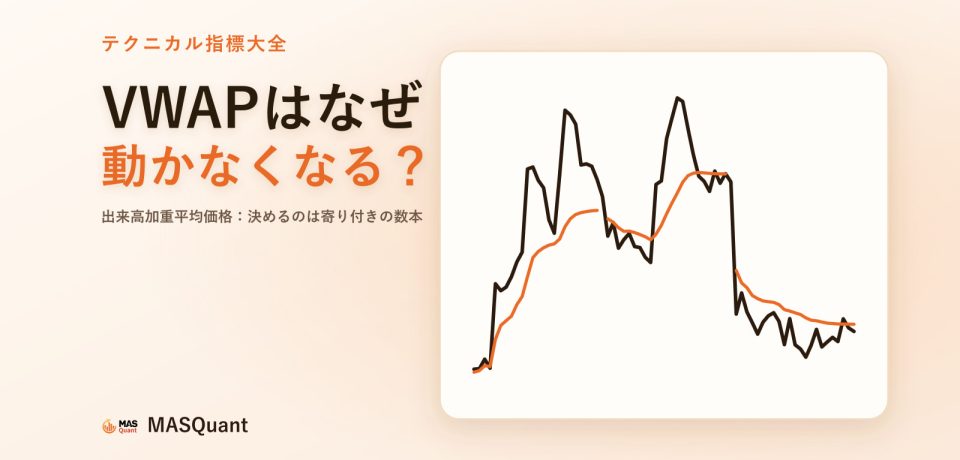 VWAPとは?出来高加重平均価格は、時間がたつほど動かなくなる 記事のカバー画像:ユーロ/ドル2025年1月の3日間の1時間足と、毎日リセットされるVWAPを描いた簡略図、タイトル「VWAPはなぜ動かなくなる?」